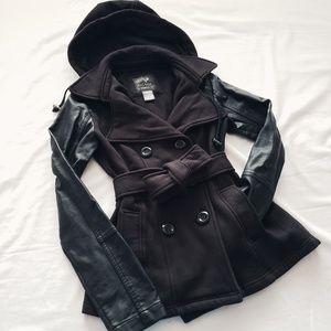Black vegan faux leather jacket with hood